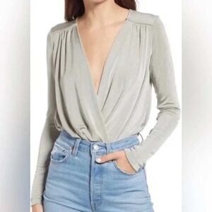 Free People Intimately Turnt Drapey Bodysuit in Oxide SIlver Longsleeve V Neck